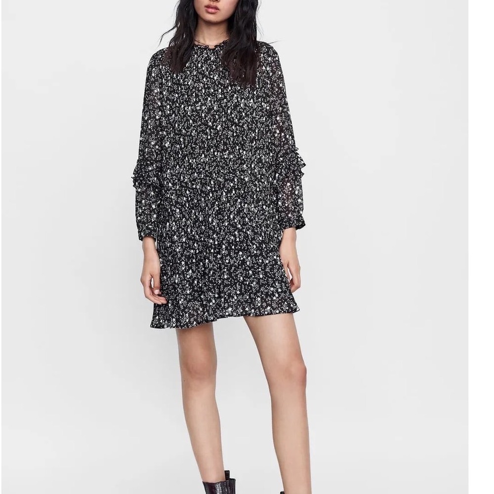 Zara Floral Printed Pleat Mini Dress XS Black Long Sleeves Whimsygoth